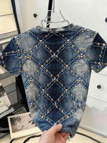 Resyla Women's Casual Denim Effect Print Round Neck Short Sleeve T-Shirt, Summer - Multicolor - View 2