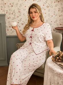 CottageSlumber Set pigiama da donna a 2 pezzi con stampa a cuori, top a maniche corte con fiocco e pantaloni a gamba ampia - Bianco - Visualizzare 4