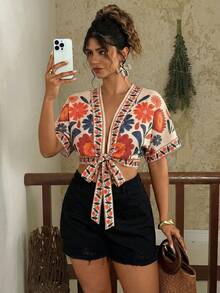 Travachic Áo sơ mi crop top buộc dây phía trước in họa tiết thời trang mùa hè dành cho nữ cỡ lớn - Nhiều màu - Xem 6