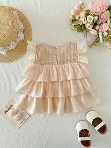 SHEIN 女婴可爱杏色百搭荷叶边蕾丝花边飘逸袖衬衫 - 杏色 - 查看 2