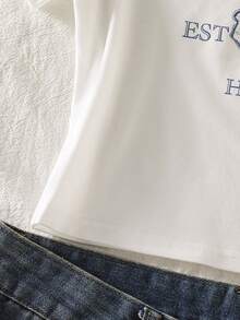 SHEIN ChillGRL 女童碎花修身休闲街头风圆领T恤 - 白色 - 查看 6