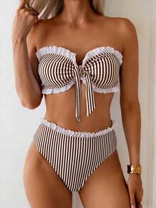Swim Basics Spring & Summer Beach Vacation Striped Print 2 Pieces Set, Ruched Neckline & Hem, Ruffled Waistband - Coffee Brown - View 1