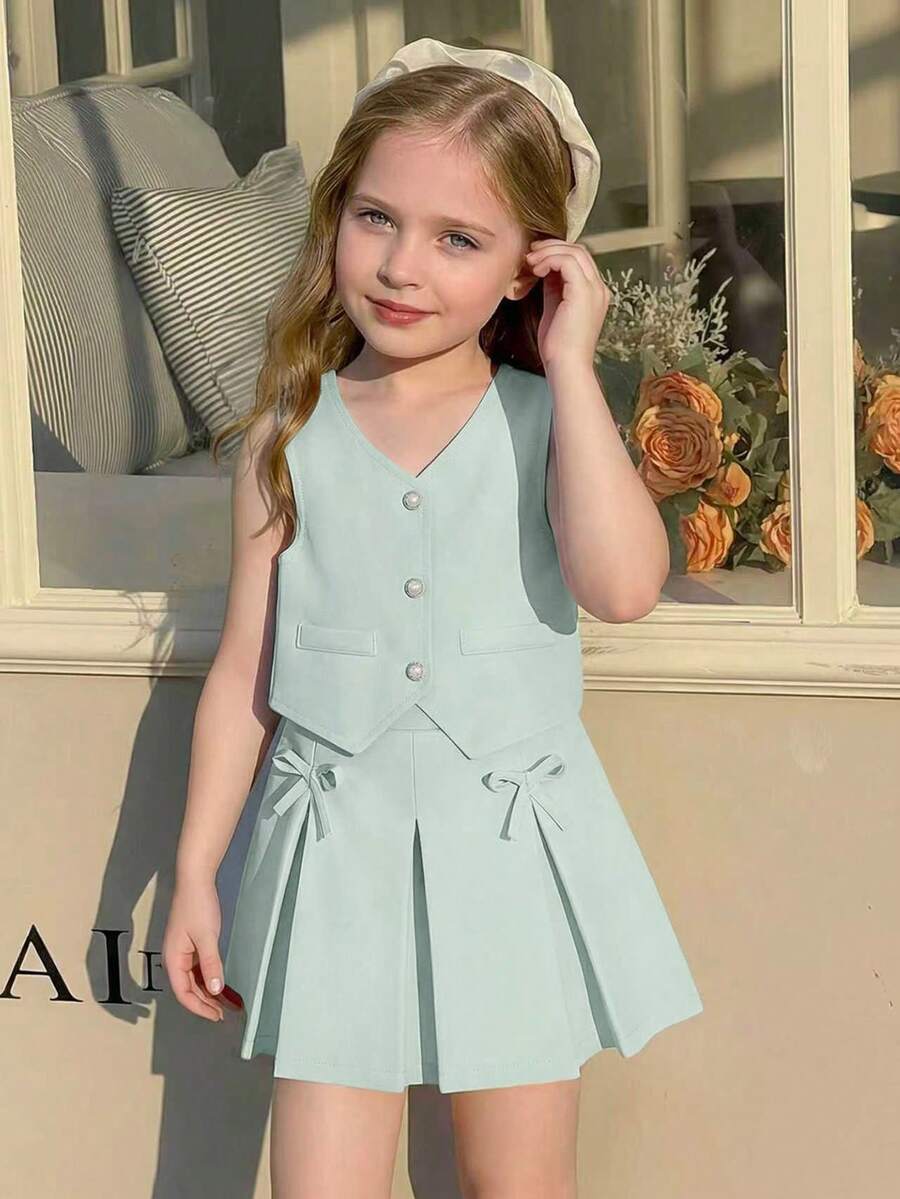 Souflis Souflis Young Girls' Sweet Pink Sleeveless Pearl Button Vest + Bowknot Pleated Skirt 2-Piece Set, Elegant Casual Summer Outfit Girls Mint Green Vest Skirt Set Kids Light Green Skirt Set - Green - View 1
