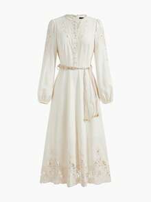 ZEYLAH 亚麻对比蕾丝腰带连衣裙 - 杏色 - 查看 2