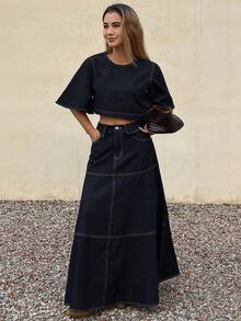 DAZY 女士圆领短袖七分喇叭袖牛仔上衣和宽松长款牛仔裙优雅水洗牛仔套装 - 深色水洗藍 - 查看 6