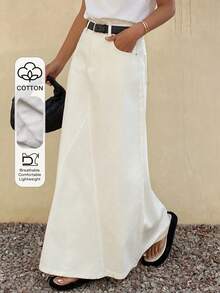 DAZY 女士常规高腰A字中长牛仔裙，优雅都市休闲度假风 - 白色 - 查看 1