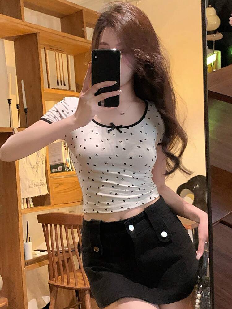 Women's Summer Scoop Neck Printed Short Sleeve Bowknot Decor Casual T-Shirt