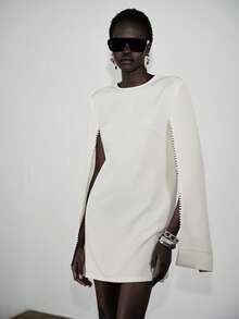 Lumivelle Women's Elegant Round Neck Loose Beaded Decor Mini Dress, Summer - White - View 5