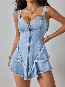 SHEIN ICON 大码女式拉链前开流苏吊带性感连衣裙 - 藍色 - 查看 5