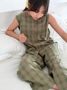 DAZY Conjunto de chaleco sin mangas de cuello redondo a cuadros y pantalones para niñas preadolescentes, para otoño - Verde - Ver 5