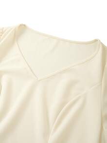 DreamSkyne Plus Size Women's Elegant Beige Summer Dress, Vintage V-Neck Short Sleeve Fitted Split Hem Luxury Wedding Dresses,Formal Office Lady Style - Beige - View 4