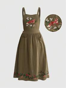 ROMWE Đầm cỡ lớn Fairycore Vintage thêu hình cáo phong cách đồng quê mộc mạc - xanh quân đội - Xem 5