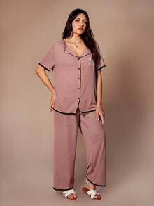 Lazeform Plus Size Casual Knit Pajama 2 Pieces Set,Embroidered Number Design Open Front Short Sleeve Pants Curve Lounge Wear,Dusty Rose,Summer,Family Matching - Watermelon Pink - View 6