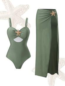 Swim Oasis 2026 New Spring/Summer Plus Size Women's Fashionable One-Piece Swimsuit With Starfish Decor, Paired With Skirt, Slimming Vacation 2-Piece Set - Army Green - View 1