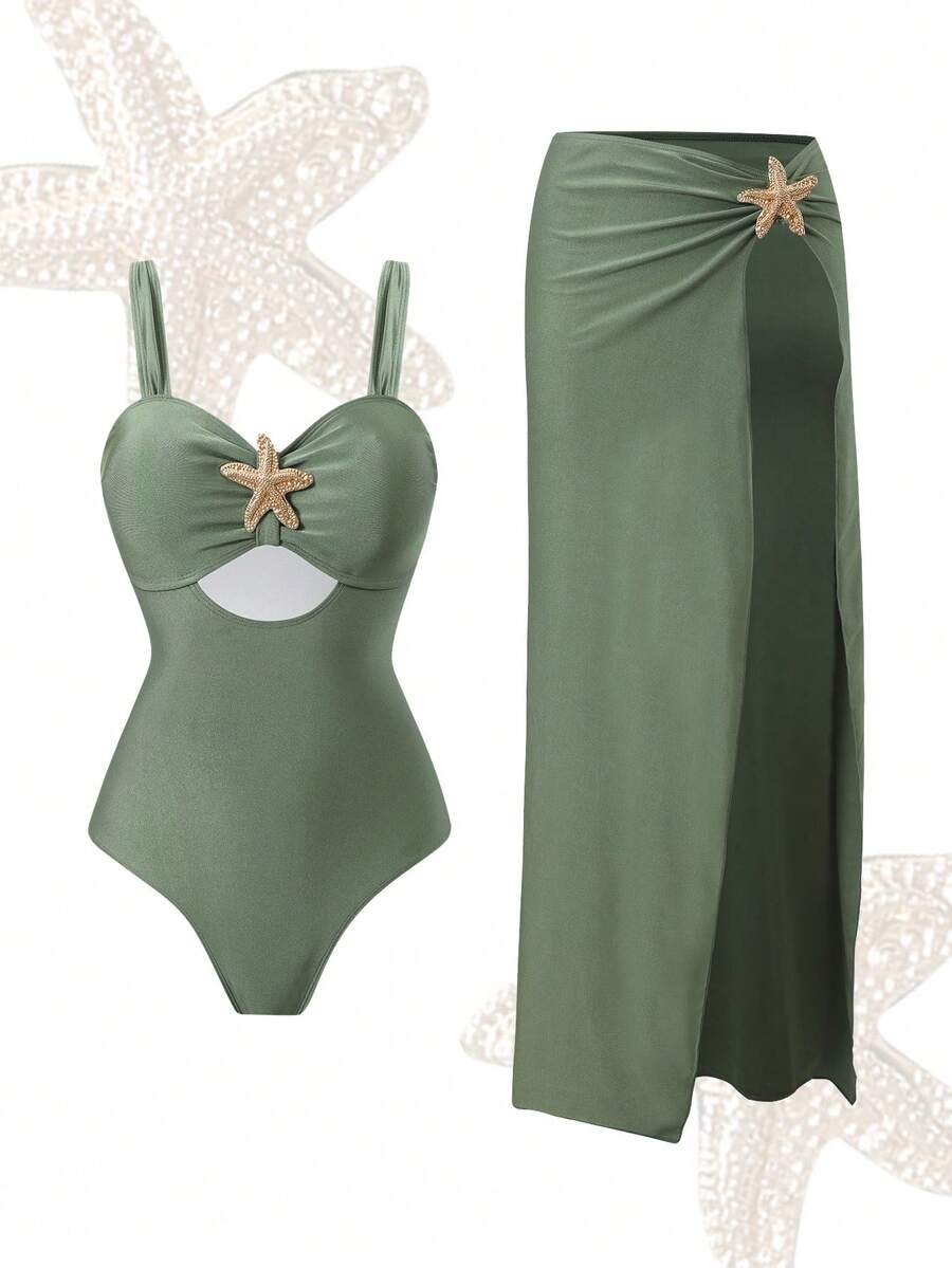 Swim Oasis 2026 New Spring/Summer Plus Size Women's Fashionable One-Piece Swimsuit With Starfish Decor, Paired With Skirt, Slimming Vacation 2-Piece Set - Army Green - View 1