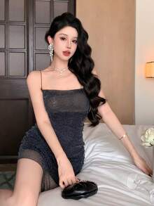 DAZY 女士纯色褶皱修身优雅吊带迷你连衣裙，返校季夏季连衣裙 - 黑色 - 查看 2