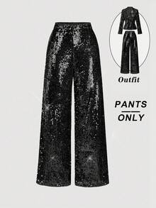 SHEIN MOD Calça feminina de cor sólida com lantejoulas, pernas largas e modelagem solta. Ideal para o Dia de Ação de Graças, Natal, formatura e festas. Calça brilhante para o outono e inverno. - Preto - Ver 1
