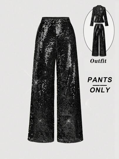 SHEIN MOD Pantalones anchos de mujer de pierna ancha con lentejuelas de unicolor, moda suelta, para Acción de Gracias, Navidad, baile de graduación, fiesta, Acción de Gracias, pantalones brillantes de otoño e invierno para mujer