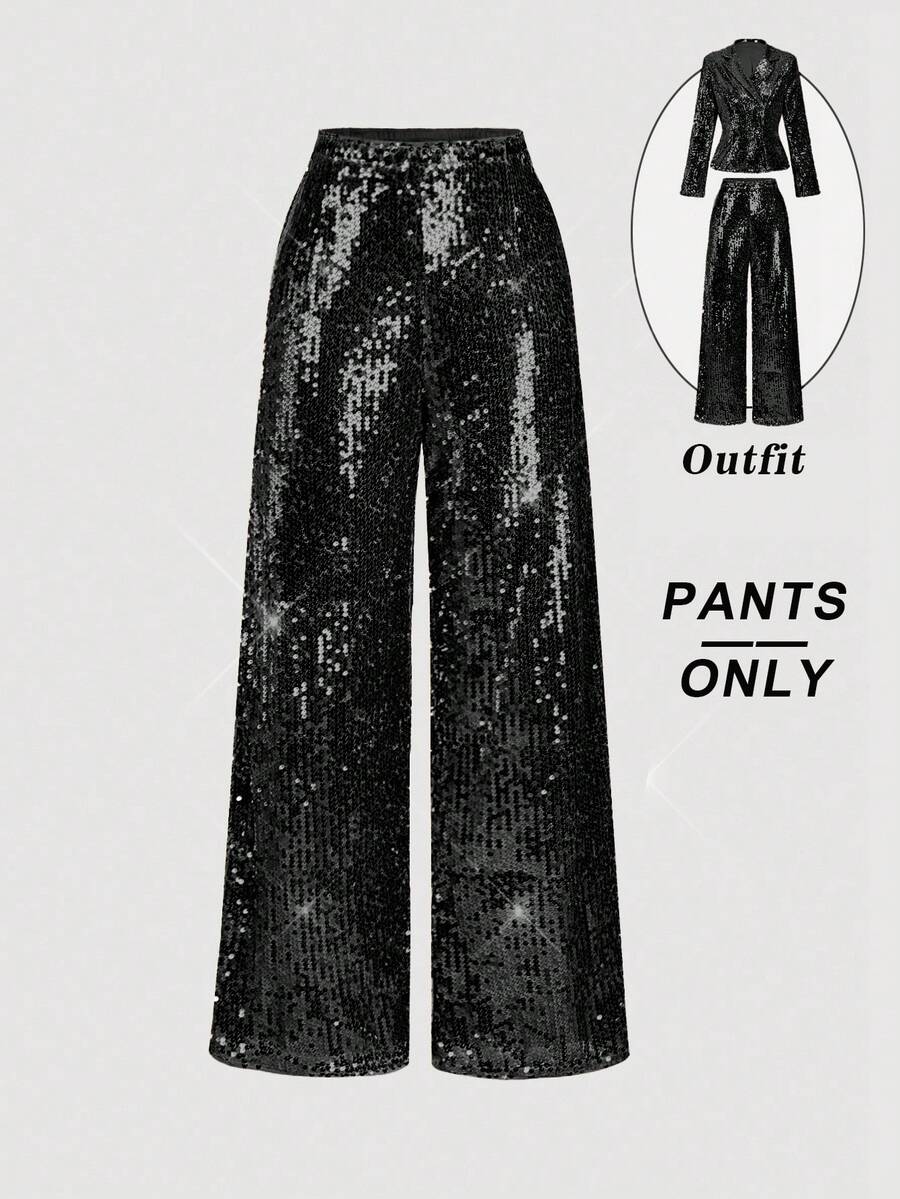 SHEIN MOD Calça feminina de cor sólida com lantejoulas, pernas largas e modelagem solta. Ideal para o Dia de Ação de Graças, Natal, formatura e festas. Calça brilhante para o outono e inverno. - Preto - Ver 1