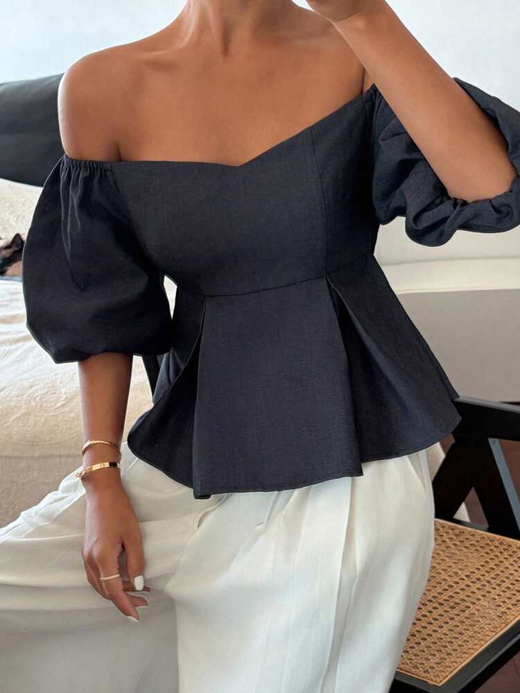 Women's Off Shoulder Short Sleeve Cinched Waist Vacation Style Blouse