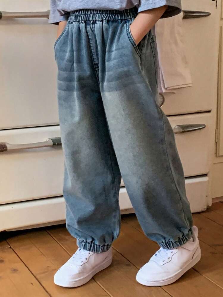 Young Boys Casual Elastic Waist Loose Fit Jeans With Pockets