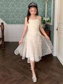 DAZY 少女网纱拼接连衣裙，秋季款 - 杏色 - 查看 6