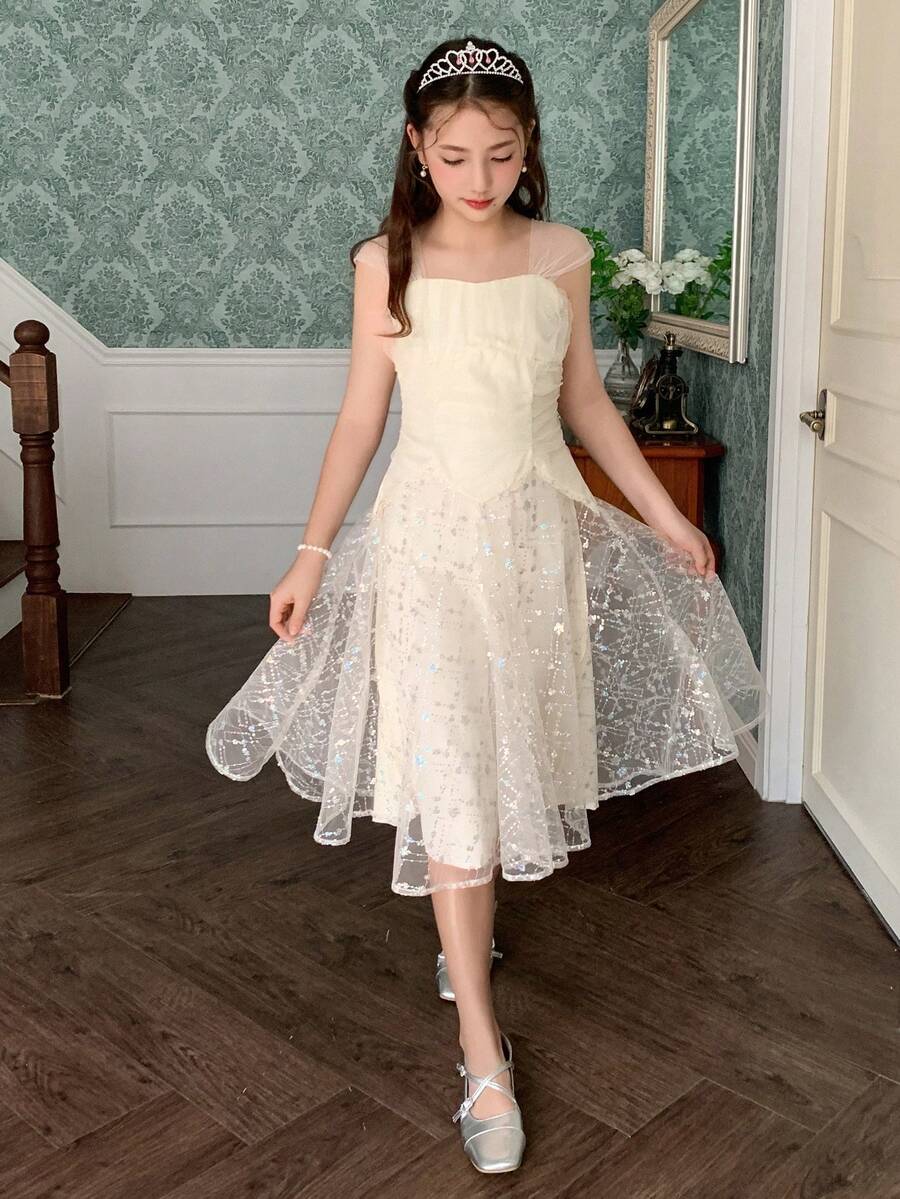 DAZY 少女网纱拼接连衣裙，秋季款 - 杏色 - 查看 1