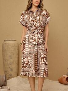 Hansera Women's Loose French All-Over Print Casual Short Sleeve Dress - Brown - View 3