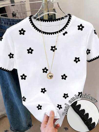 Resyla 女士休闲度假通勤印花撞色包边短袖T恤，夏季