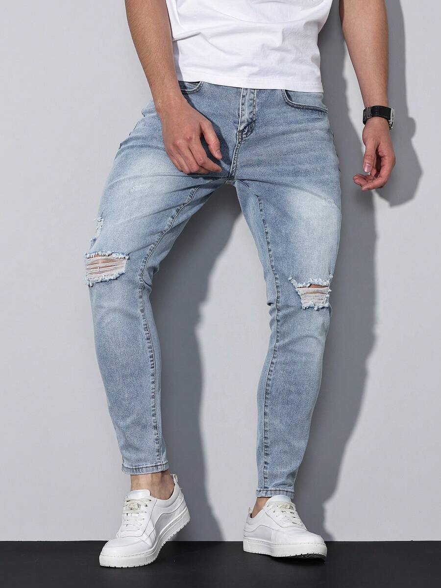 Manfinity Homme Men's Light Blue Ripped Skinny Jeans With Pockets, Breathable, Suitable For City Walking, Family, Outdoor Activities, All Season, Emo Style - Light Wash - View 1