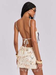 ROMWE Đầm ngắn hở lưng hai dây, thêu đính cườm, thích hợp cho kỳ nghỉ hè của nữ. - Màu be - Xem 8