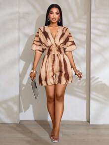 SOLERSUN Women's Floral Print Deep V-Neck Batwing Sleeve Ruched Waist Pleated Jumpsuit - Coffee Brown - View 1