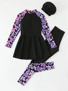SHEIN 少女吊带比基尼上衣，印花长袖，黑色拉链纯色裙裤，黑色裤子，穆斯林布基尼泳装，保守泳装，印花泳装，两件式泳装 - 彩色 - 查看 3