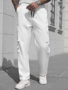 Manfinity CasualCool Men Solid Drawstring Waist Simple Daily Wide Leg Pants Long Plain All White Pants, For Going Out, For Fall - White - View 2