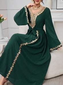 Al Najma 酒红色长袖刺绣领褶皱派对鸡尾酒礼服 - 墨綠色 - 查看 3