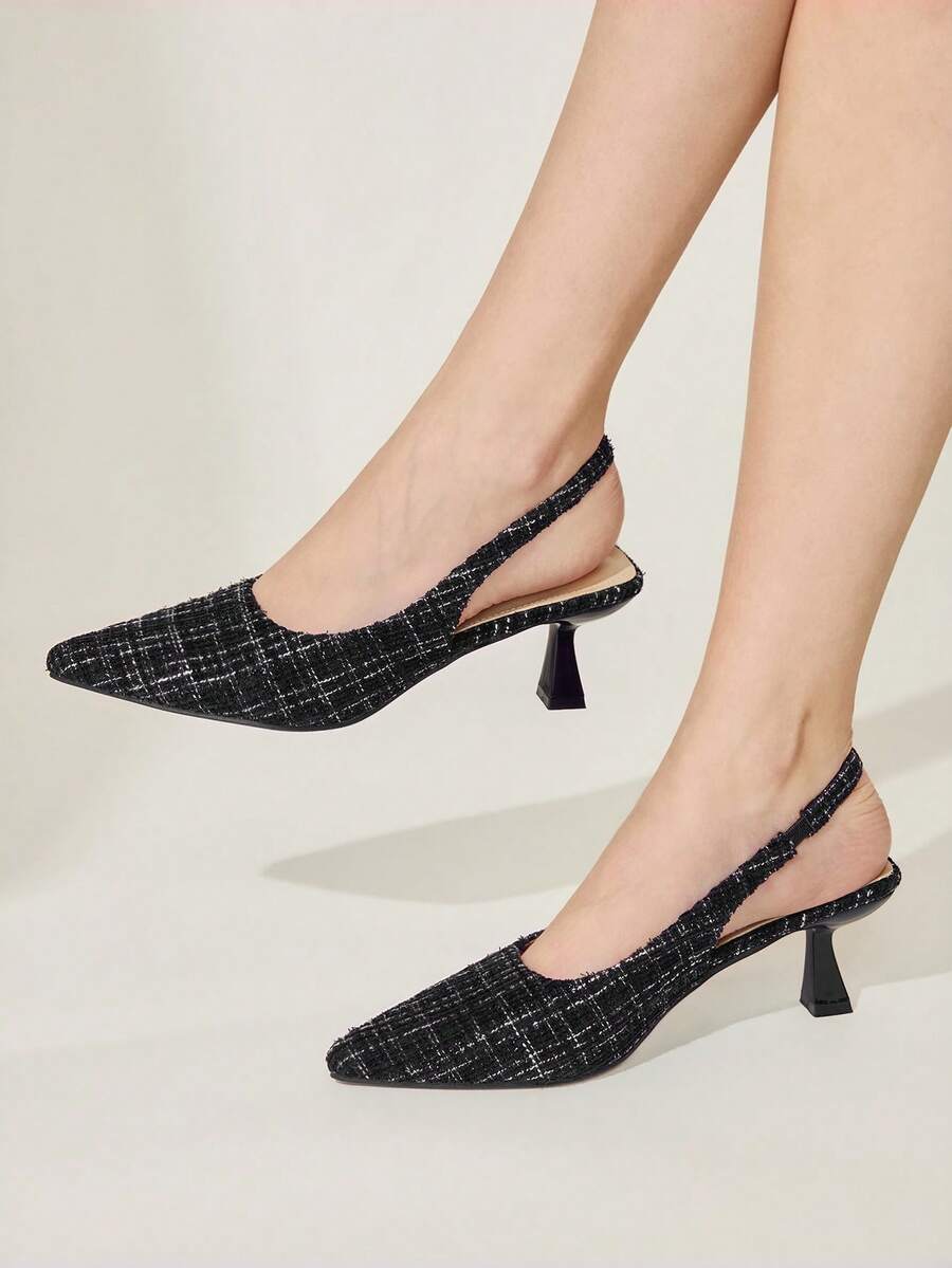 CUCCOO CHICEST Zapatos de tacón de punta fina con estampado de cuadros elegantes para mujer - Negro - Ver 1