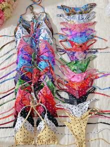 Elavelle Springbreak 女式波尔卡圆点随机印花金属装饰细肩带性感比基尼泳装套装，夏季沙滩装 - 彩色 - 查看 2