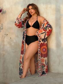 Swim Lushoire Plus Size Spring/Summer New Collection, Single Piece Colorful Printed Decorative Long Sleeve Elegant Resort-Style Women Swimsuit Kimono/ Moroccan Kaftan Dress Boho Dress Women Kimono Dress Boho Kimono Resort Wear Women Vacation Dress - Multicolor - View 6