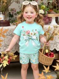 2pcs/Set Baby Girl Casual Floral & Butterfly Print Short Sleeve T-Shirt And Minimalist Print Shorts Set, Suitable For Summer Outings
