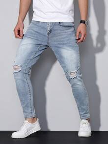 Manfinity Homme Men's Light Blue Ripped Skinny Jeans  With Pockets, Breathable, Suitable For City Walking, Family, Outdoor Activities, All Season, Emo Style - Light Wash - View 5