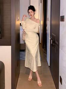 Joudiya Đầm nữ thanh lịch chất liệu vải dệt họa tiết, cổ bất đối xứng, tay bồng, eo ôm sát, vạt đuôi cá, thích hợp cho mùa xuân/thu. - Màu be - Xem 8