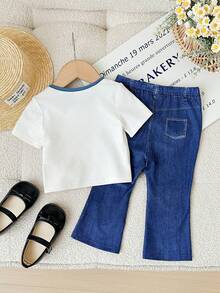SHEIN Cute Baby Girl Fashion Knit White Round Neck Bow Print Short Sleeve Knit T-Shirt And Faux Denim Print Flare Pants Set Denim Set For Baby Girl Toddler Bow Outfit Toddler Big Bow Shirts Bow Baby Outfits Flare Bow Outfit Girls,Kids - White - View 5