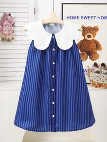 少女优雅可爱时尚彼得潘领条纹无袖学院风连衣裙，夏季 - 藍色 - 查看 7