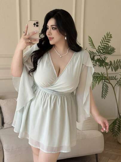 Vibekara Spring/Summer Party Sexy V-Neck Pearl Ruffle Asymmetrical Sleeve Gathered Waist A-Line Dress For Women