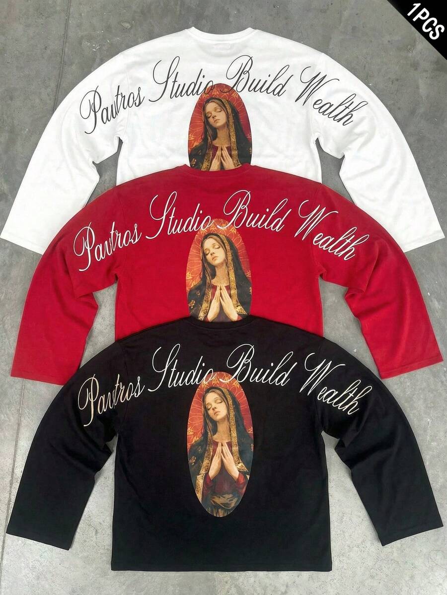 PAVTROS 男士休闲圆领落肩短袖T恤，印有个性化时尚人物图案，夏季款 - 紅色 - 查看 1