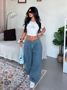 StreetHx Y2K Fashion Casual Street Style Striped Low-Waist Flared Jeans - Medium Wash - View 3