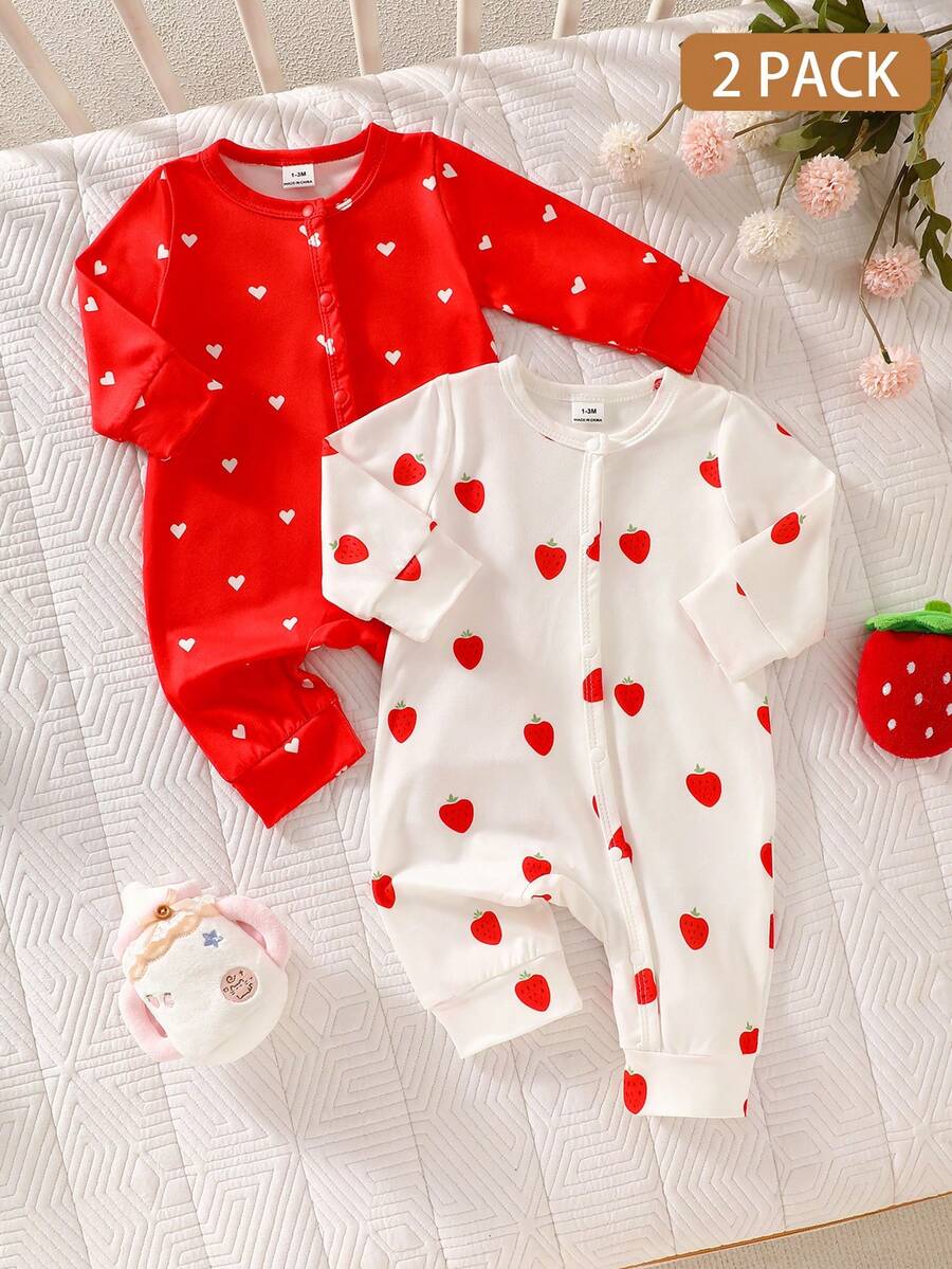SHEIN 新生女宝宝两件套，舒适可爱草莓印花长袖连体衣，柔软弹力针织面料，方便穿脱的按扣设计，适合春秋季节，0-9个月，粉色和白色 - 紅色 - 查看 1