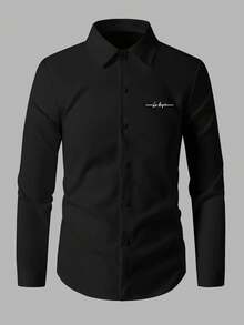 SHEIN Camisa de Manga Longa com Estampa de Letra em Estilo Colegial Casual Gentleman para Adolescentes - Preto - Visão 3