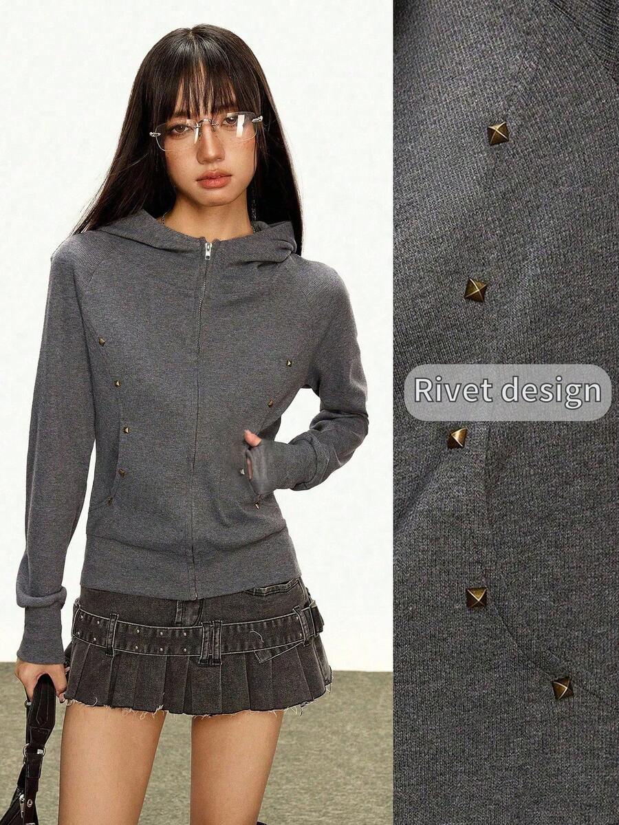 Rina Fox Áo khoác hoodie dài tay đính hạt có khóa kéo phía trước dành cho nữ - Xám - Xem 1