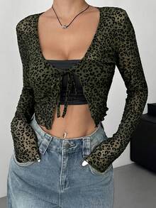 SHEIN EZwear Women's Lightweight Knit Mesh Leopard Print Cardigan, Spring/Summer - Army Green - View 1